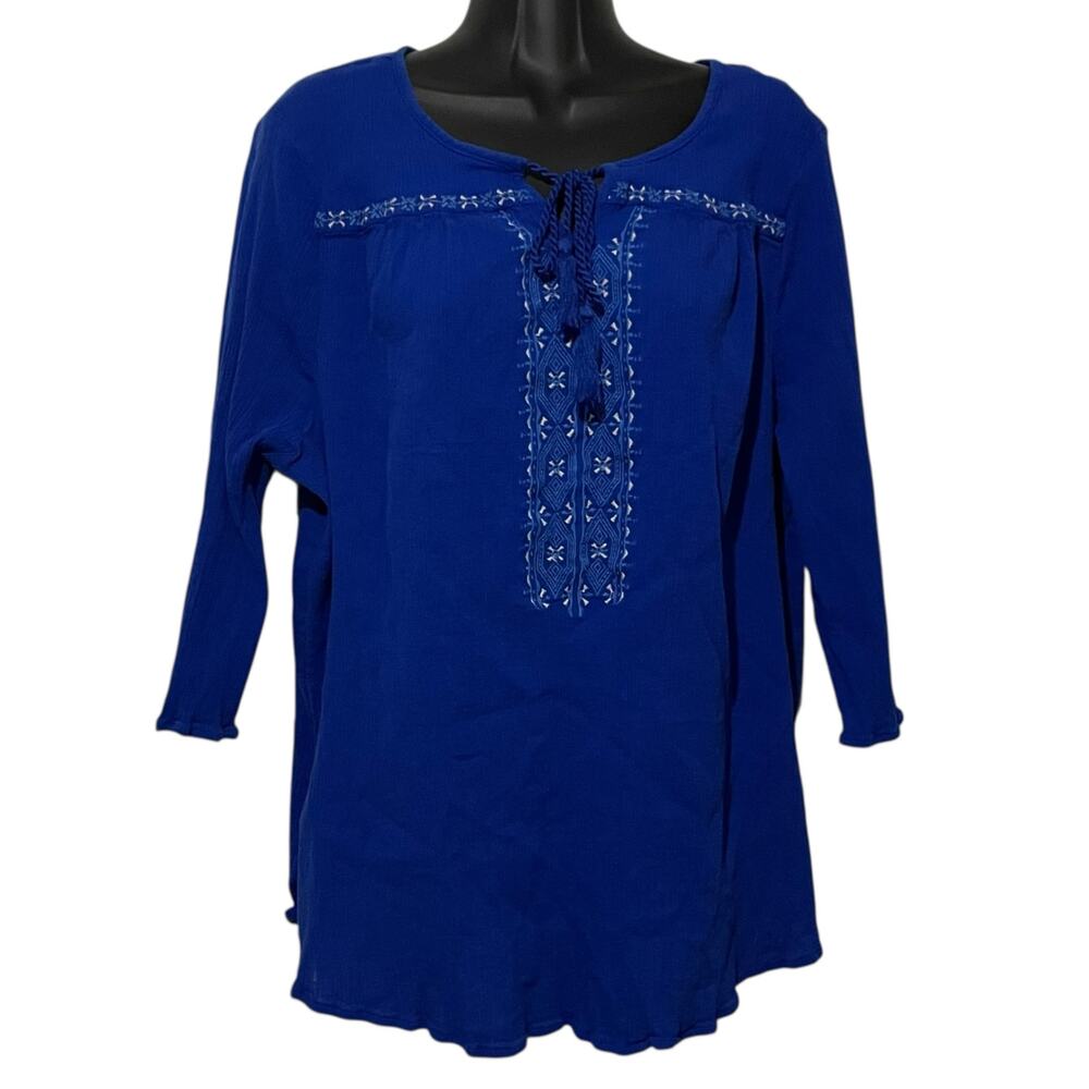 Catherines Womens Blouse Plus Size 2X Blue Relaxed Peasant Gauze Tassel Tie Neck
